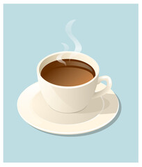 a cup of hot coffee on a saucer. 3D illustration over blue background. 