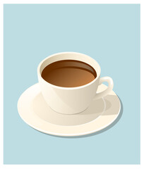 a cup of coffee on a saucer. 3D illustration over blue background. 