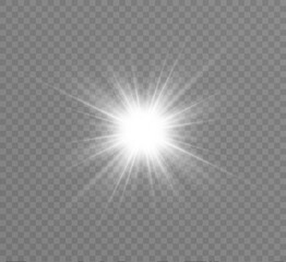 White glowing light explodes on a transparent background. Bright Star. Transparent shining sun, bright flash. Vector graphics.	