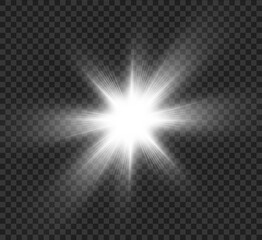 White glowing light explodes on a transparent background. Bright Star. Transparent shining sun, bright flash. Vector graphics.	