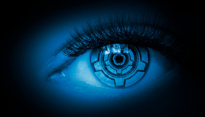 Close-up biometric scan of a female eye. The concept of modern virtual reality. Neon light, cyber background.