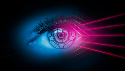 Close-up biometric scan of a female eye. The concept of modern virtual reality. Neon light, cyber background.