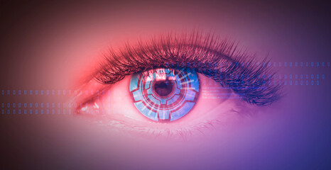 Close-up biometric scan of a female eye. The concept of modern virtual reality. Neon light, cyber background.