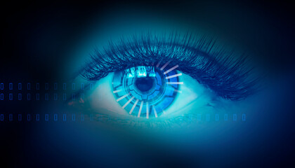 Close-up biometric scan of a female eye. The concept of modern virtual reality. Neon light, cyber background.