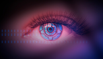 Close-up biometric scan of a female eye. The concept of modern virtual reality. Neon light, cyber background.