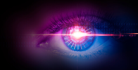 Close-up biometric scan of a female eye. The concept of modern virtual reality. Neon light, cyber background.