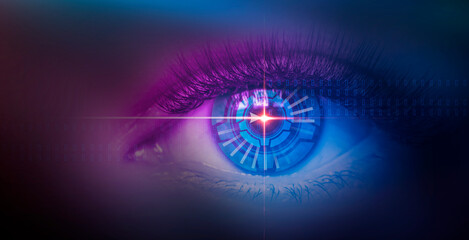 Close-up biometric scan of a female eye. The concept of modern virtual reality. Neon light, cyber background.