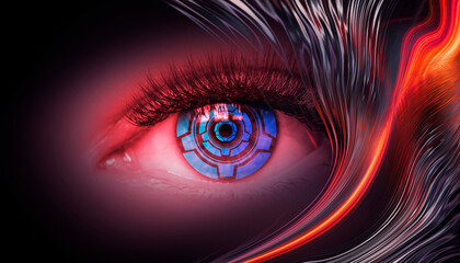 Close-up biometric scan of a female eye. The concept of modern virtual reality. Neon light, cyber background.