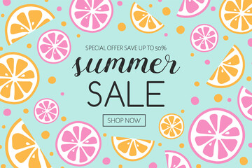 Concept of Summer Sale poster with juicy fruits. Vector