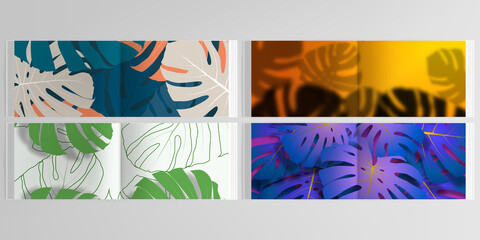 Vector layouts of horizontal presentation design templates for landscape design brochure, cover design, flyer, book. Tropical palm leaves, shadow of tropical jungle leaves. Floral pattern backgrounds.