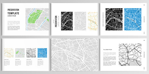 Vector layouts of presentation design templates with urban city map of Paris for brochure, cover design, flyer, book design, magazine, poster.