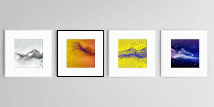 Realistic vector set of square picture frames isolated on gray background. Colorful wavy particle surface background for technology or science cyber space concept.