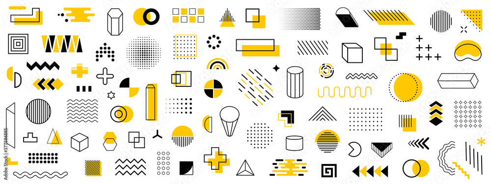 Aufkleber set of geometric shapes. memphis design retro elements. collection trendy halftone geometric shapes.