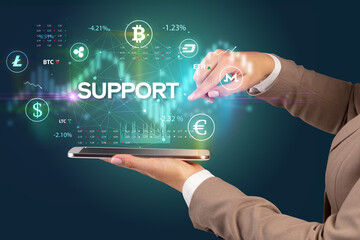 Close-up of a touchscreen with SUPPORT inscription, business opportunity concept