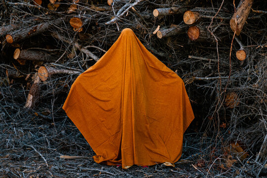 Person wearing a ghost costume made from orange sheet and standing among trees in the forest 