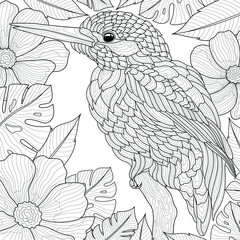The bird sits on a branch among flowers and leaves.Coloring book antistress for children and adults. Illustration isolated on white background.Black and white drawing.Zen-tangle style.