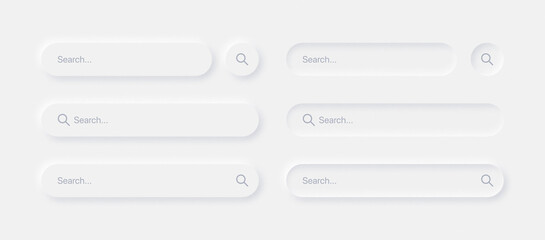 Search Bars In Different Variants UI Neumorphism Light Version Vector Design Elements Set On White Background. UI Components In Simple Neumorphic Style For Apps, Websites, Interfaces, Social Media