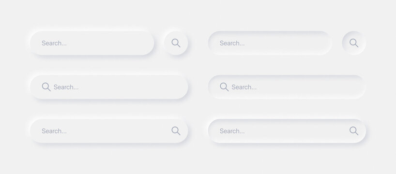 Search Bars In Different Variants UI Neumorphism Light Version Vector Design Elements Set On White Background. UI Components In Simple Neumorphic Style For Apps, Websites, Interfaces, Social Media