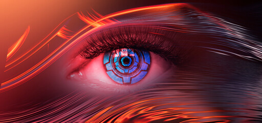 Close-up biometric scan of a female eye. The concept of modern virtual reality. Neon light, cyber...