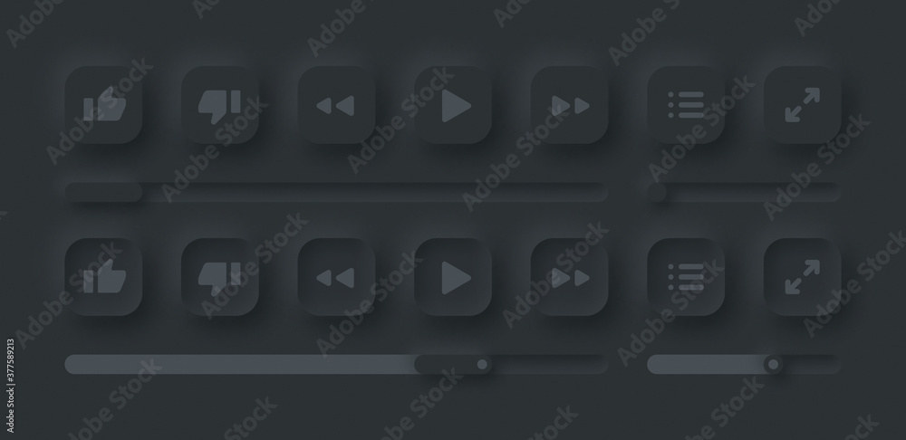 Aufkleber online video media player ui neumorphism dark version vector design elements set on background. ui c