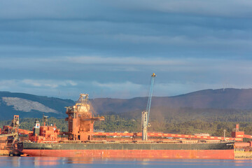 Fototapeta na wymiar Carguero descargando bauxita en el puerto de San Cibrao.
