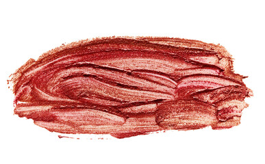 swatch of red-brown lipstick with glitters, smear isolated on white background