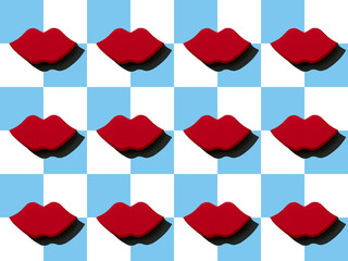 Red lips pattern on white blue checkered background. Many Lips seamless background and texture.