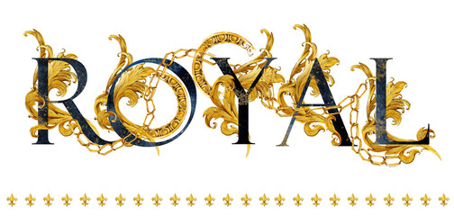 Royal word hand drawn lettering. vintage gold damask curl script. love text. Luxory letters watercolor composition.  