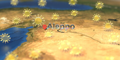 Sunny weather icons near Aleppo city on the map, weather forecast related 3D rendering