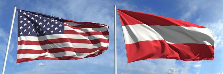 Flying flags of the United States and Austria on high flagpoles. 3d rendering
