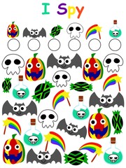 Halloween I spy how many game for kids stock vector illustration. Find and count all objects - pumpkins, bats, candies, skulls, wands and potions. Vertical counting visual game printable for  children