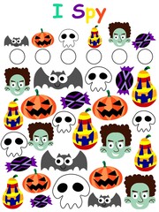 Halloween I spy game for kids stock vector illustration. Counting all objects on worksheet - bats, pumpkins, skulls, monsters and candies. Halloween october holiday visual game for children. 