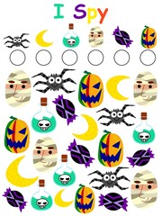 Halloween I spy game stock vector illustration. How many objects on worksheet puzzle for kids. Six halloween symbols includes spider, moon, potion, mummy, candy and pumpkin. One of a series.