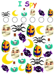 Fotobehang Halloween I spy game stock vector illustration. How many objects on worksheet puzzle for kids. Six halloween symbols includes spider, moon, potion, mummy, candy and pumpkin. One of a series. © Anastasia Rybalka