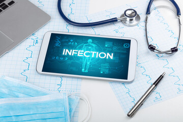Tablet pc and doctor tools with INFECTION inscription, coronavirus concept