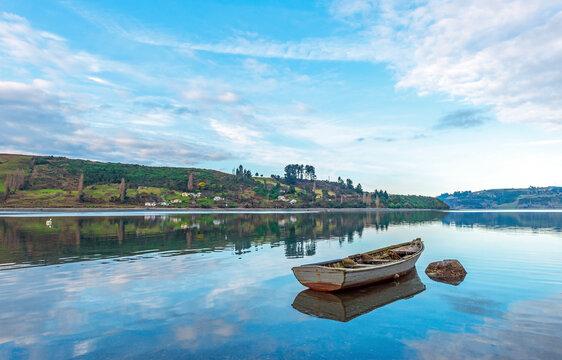 Fishing boat in a fjord, Castro, Chiloe Island, Chile.