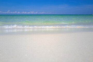 Fototapeta na wymiar Beautiful seascape panorama. Paradise beach. Daylight landscape viewpoint for design postcard.
