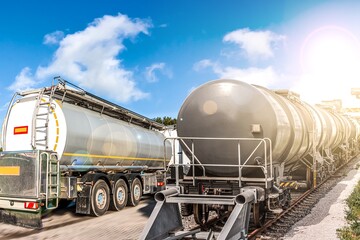 Big fuel gas tanker . Transportation oil tanks by rail . carriage of liquid goods by wagons