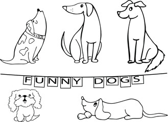 funny set of dogs of different breeds black and white contour drawing, hand drawing of cliparts isolated on a white background