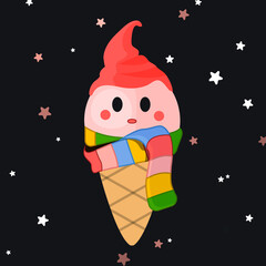 cute children's illustration. vector character. ice cream in a scarf. pointy whipped cream hat, multicolored striped scarf, strawberry pink ice cream in a waffle cone. funny interesting character, cut