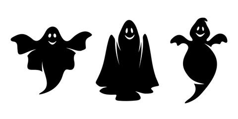 Set of three vector black silhouettes of smiling ghosts isolated on a white background. Halloween elements.