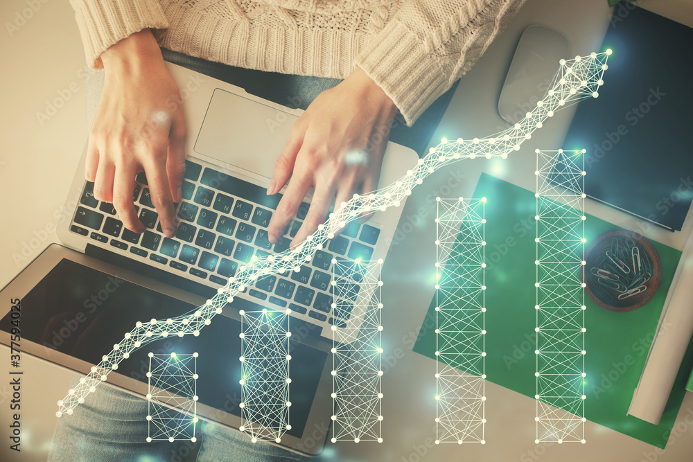 Poster double exposure of woman hands working on computer and forex chart hologram drawing. top view. finan