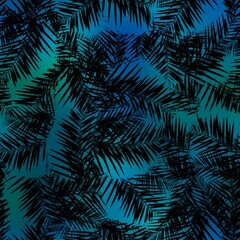 Seamless Miami night tropical pattern black foliage on sunset blur. High quality illustration. Swim, sports, or resort wear repeat print. Dark foreground on blurred background. Dark vibrant colors.