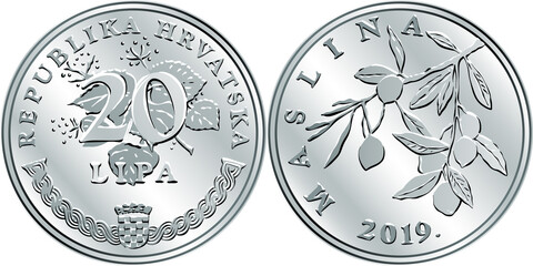Croatian 20 lipa coin, Olive branch on reverse, state title and indication of value on obverse, official coin in Croatia