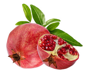 Fresh pomegranate  with leaves isolated on white background with clipping path
