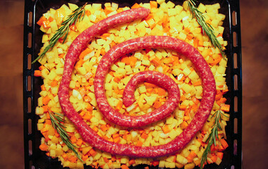 long sausage with vegetables and rosemary