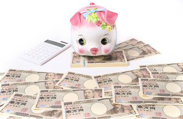 ブタの貯金箱と日本円の紙幣の集合写真