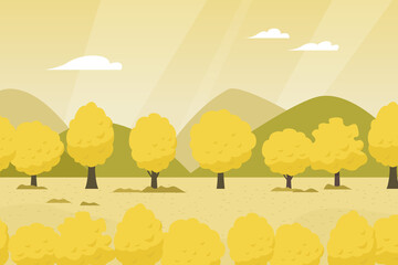 Illustration of landscape with yellow trees in autumn.