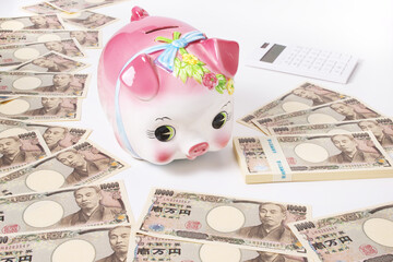 ブタの貯金箱と日本円の紙幣の集合写真