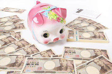 ブタの貯金箱と日本円の紙幣の集合写真